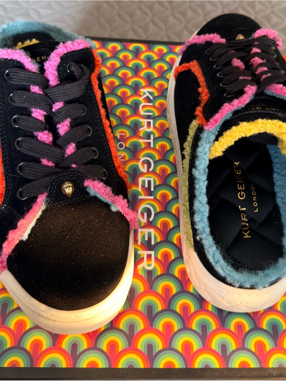 Kurt Geiger Black Velvet Sneakers with Multicolor Sherpa Trim